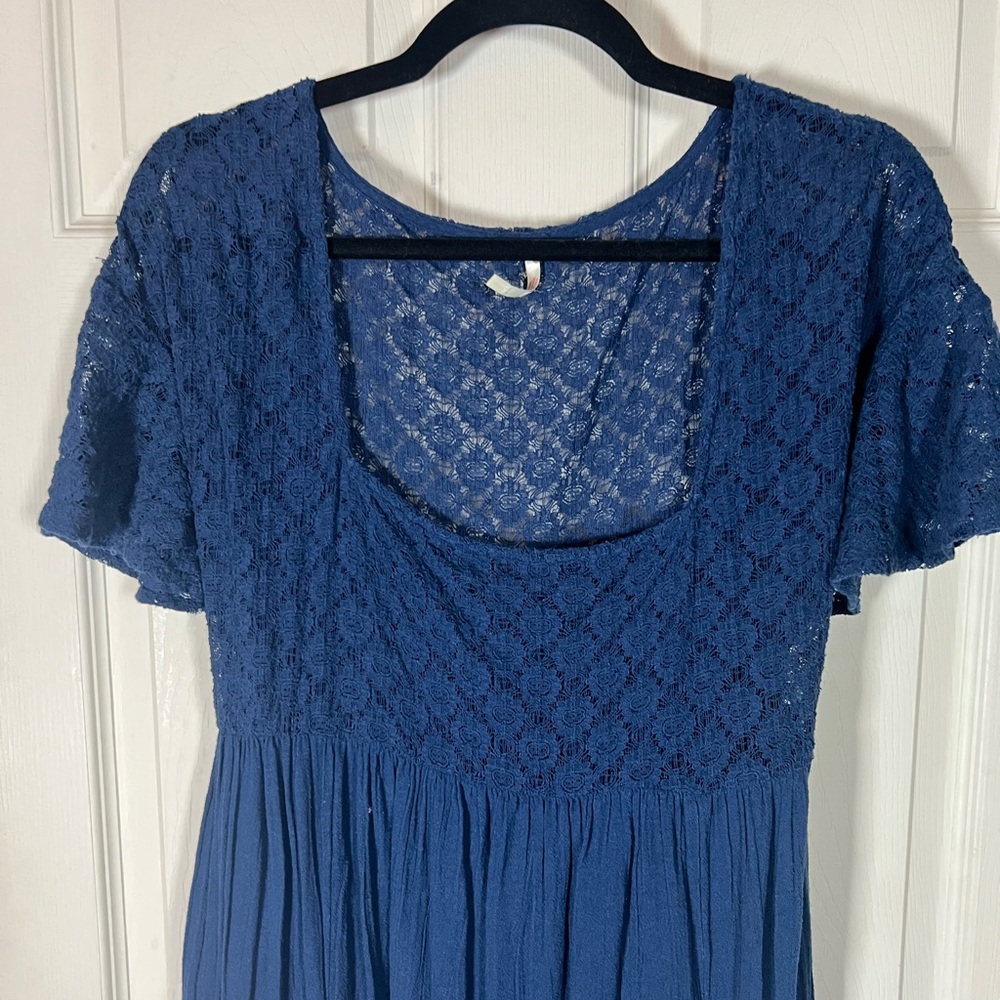 Free People Bring the Romance Navy Maxi Dress, Ruffle Trim, lace bust and hem - Picture 5 of 10